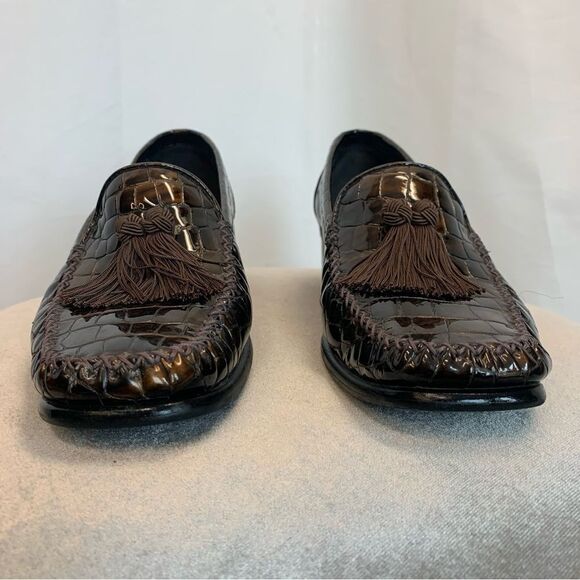 Stuart Weitzman for Russell and Bromley Brown croc embossed tassel loafers Sz 9 - Picture 5 of 9